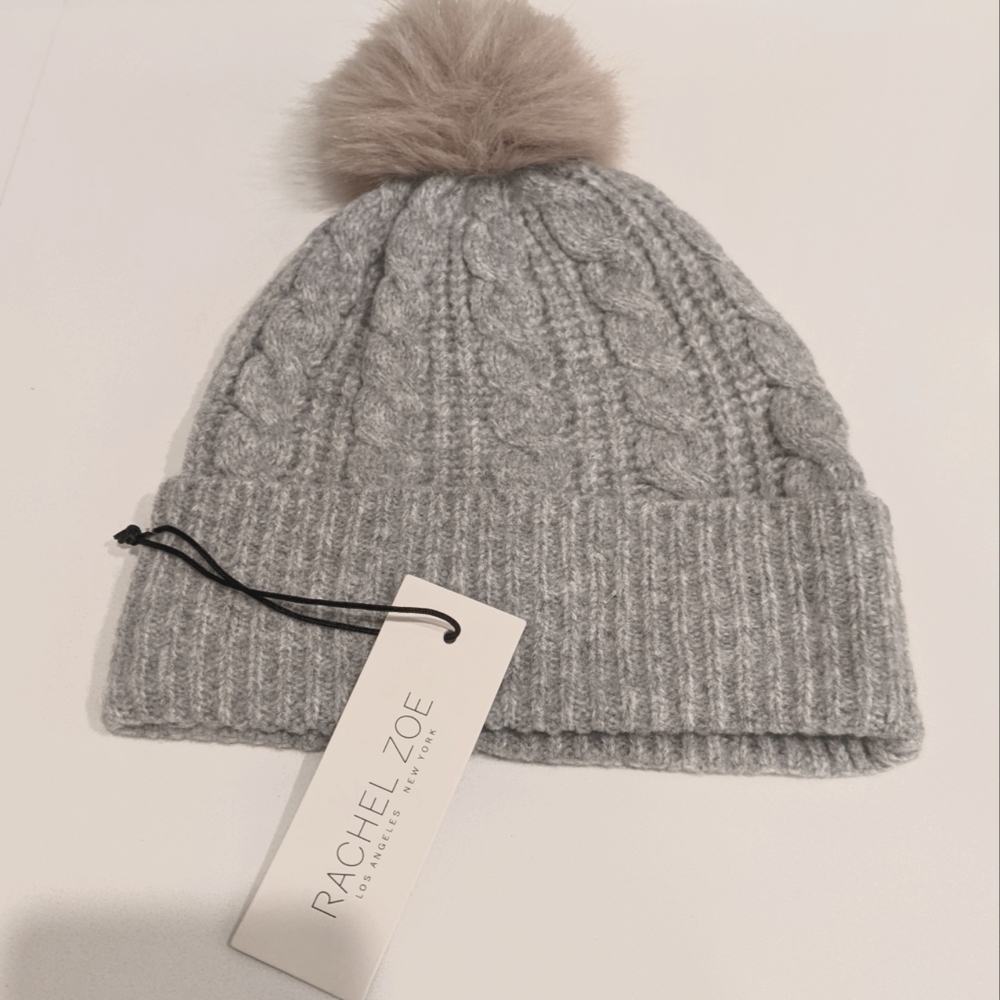Rachel Zoe Gray Cable Knit Pom Beanie with Taupe Fur Pom
